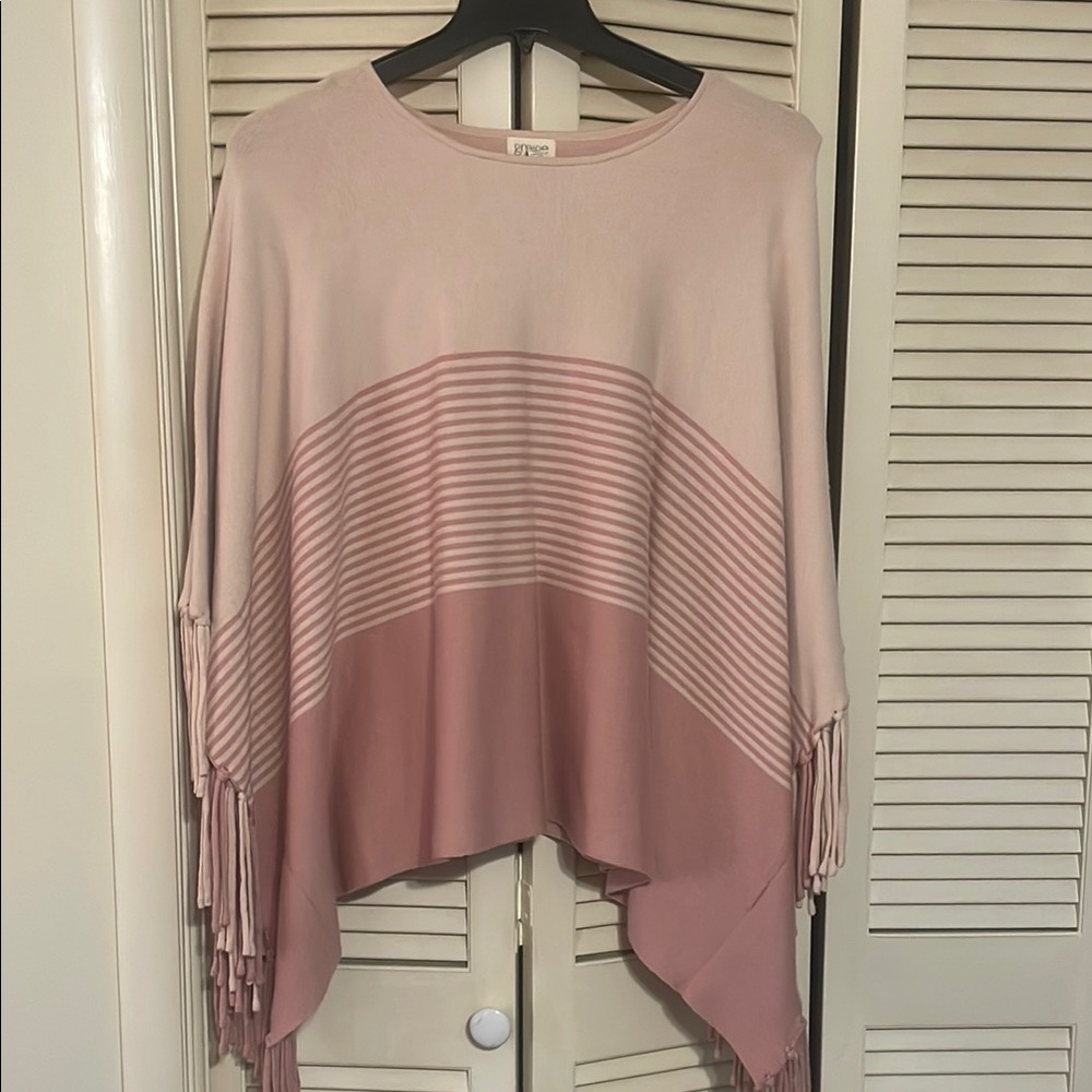 Chic Pink Striped Poncho with Fringe